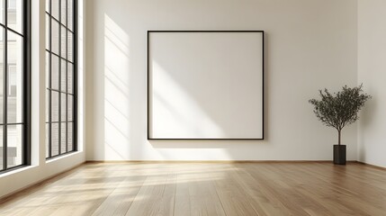 Minimalist Empty Room Interior Design Mockup with Large Blank Frame and Hardwood Floor