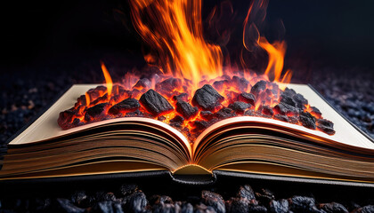 "Fiery Elegance: Ultra-Detailed Book Suspended Above Red-Hot Coals"