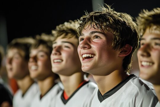 A high school soccer team of teenage boys revels in the excitement of their recent victory. Gathered on the field, their faces glowing, they personify - Powered by Adobe