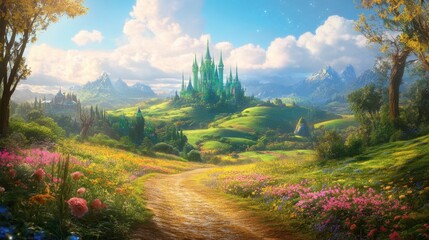 Enchanted landscape with castle, flowers, mountains, and blue sky