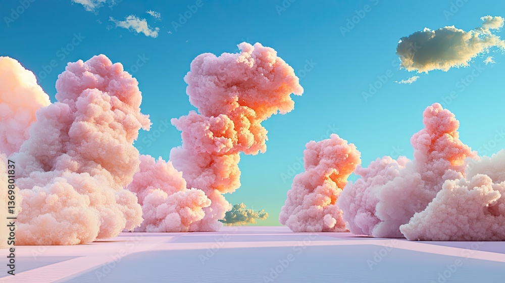 Poster fantasy-inspired fluffy pink clouds floating in a soft pastel sky, creating a surreal and dreamy atm