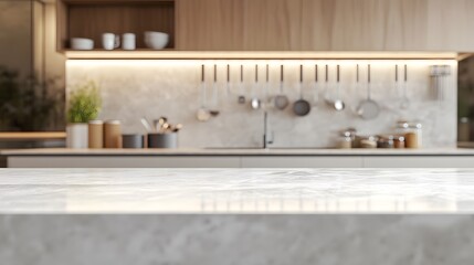 Elegant marble tabletop with a blurred white kitchen background for modern interior design.

