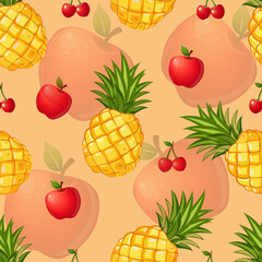summer seamless pattern with big yellow pineapples, apples and cherries on a light background