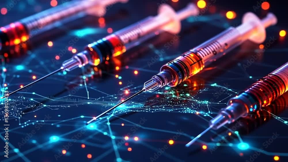 Poster close-up view of syringes on a networked surface
