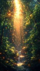 Sunlight Streaming Through a Dense Forest with a Waterfall