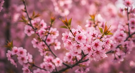 Cherry blossoms in bloom against a soft pink background  