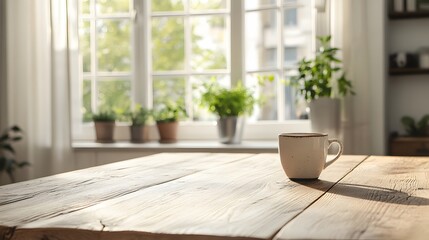 Fototapeta premium Rustic Wooden Table Coffee Cup Sunlight Morning Home Cozy