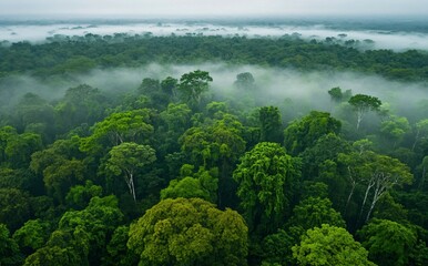 Aerial view of a dense forest with fog. Green tree canopy aerial shot. Landscape of green trees in a misty forest.
