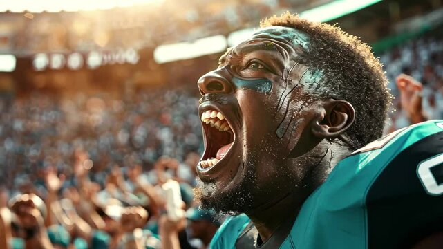 A passionate football fan cheers joyfully amidst a crowded stadium, celebrating a touchdown during a lively afternoon game filled with excitement.
