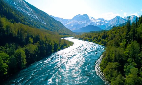 Captivating river flowing through lush landscape near mountains with vibrant blue waters and greenery
