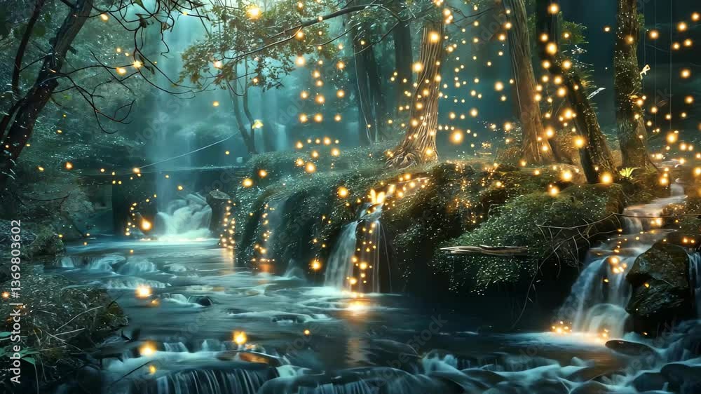 Poster a serene forest stream is adorned with twinkling lights and butterflies, creating a whimsical atmosp