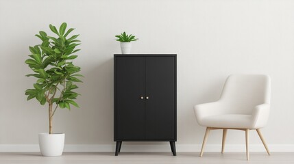 Minimalist interior scene showcasing cabinet armchair and potted plants