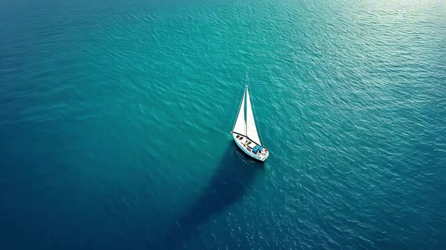 Aerial view of white sailboat floating on calm deep blue sea with long shadow stretching across the water. Concept of solitude and peaceful exploration