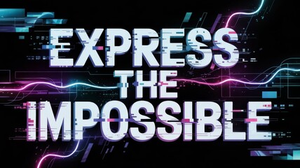 A futuristic poster featuring &ldquo;EXPRESS THE IMPOSSIBLE&rdquo; in a digital, glitch‑style font with vibrant neon accents.