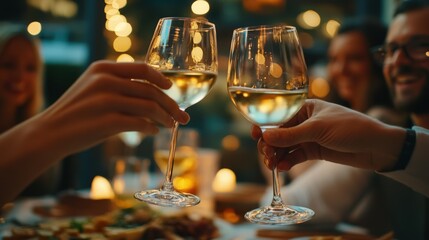 People toasting with wine glasses during celebration at elegant dinner
