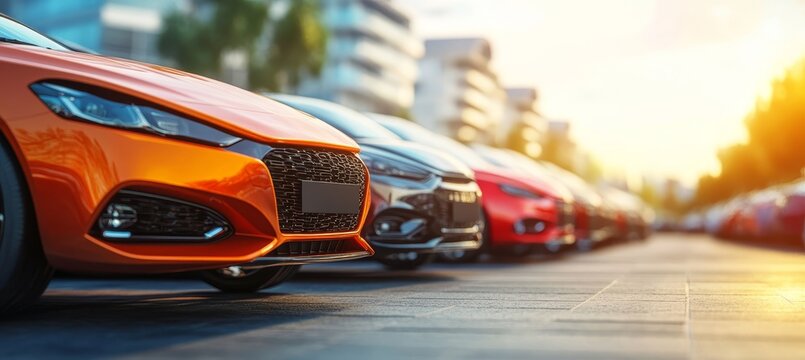Fototapeta New Cars For Sale. A Row Of Brand New Vehicles Parked In A Row At A Dealership. On A Sunny Day