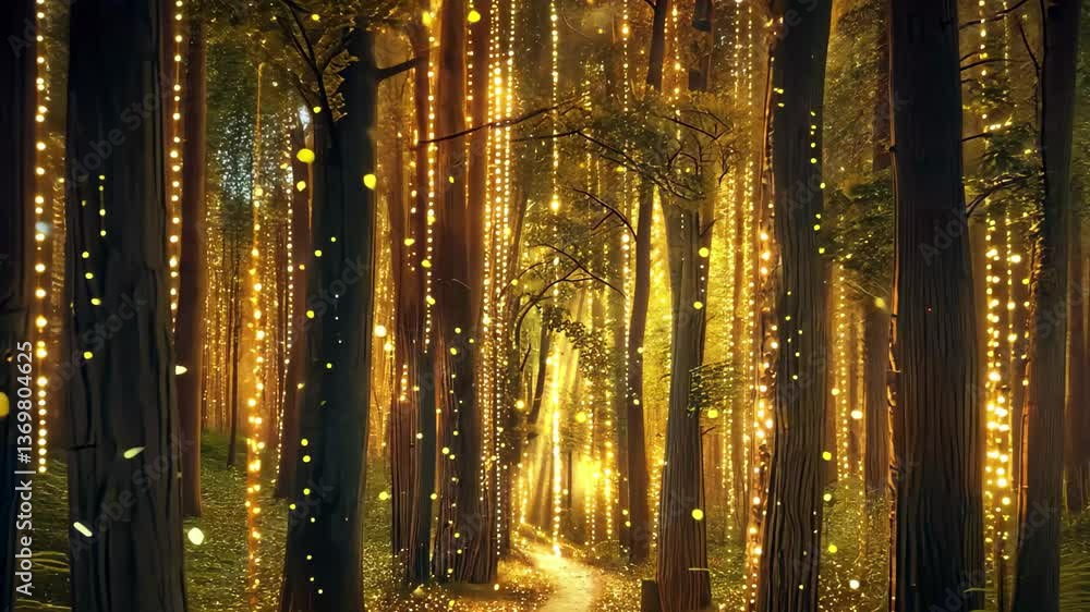 Poster a winding path through a dense forest glows with countless sparkling lights, creating a magical atmo