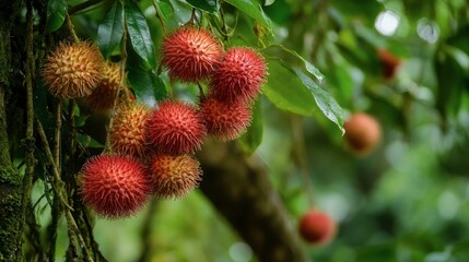 Obraz premium Vibrant Red Rambutan Fruits Hanging from Lush Green Tree Branch