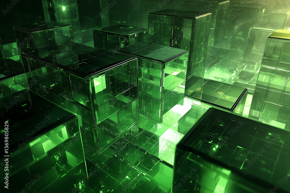 Poster exploring green glass cubes structure with light reflections for creative use