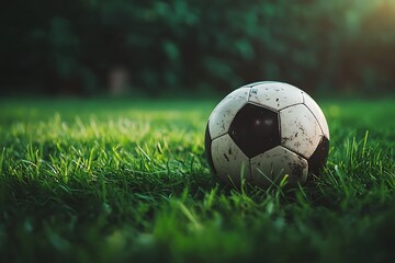 Obraz premium Used Soccer Ball on Lush Green Grass
