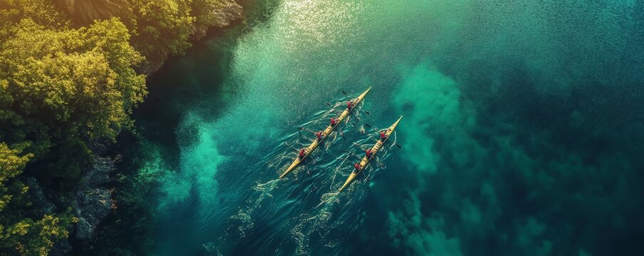Aerial drone top panoramic view of sport canoe rowing synchronous athletes competing in tropical exotic lake