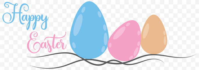 One line drawing. Abstract decorative horizontal ornament with Easter coloring eggs, stem and leaves. Beautiful hand drawn Easter eggs. Happy Easter border design element. Vector stock illustration.