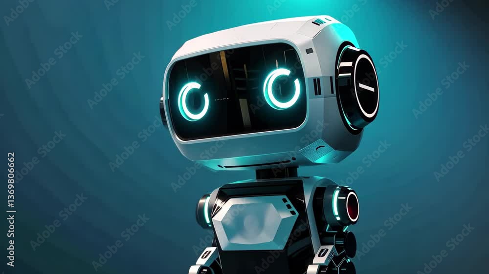 Poster in a low-light setting, a compact robot with a friendly design stands confidently, displaying its gl