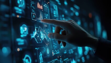 Hand interacting with a large interactive display filled with data visualizations and graphs