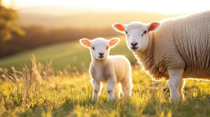 Obraz premium Adorable Lamb and Mother Sheep in Beautiful Country Landscape