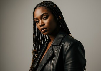 A stunning African American woman showcases braided hair with beads in a leather jacket.