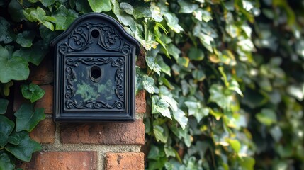 Close-up of a vintage black mailbox with ornate ironwork on a brick pillar, wrapped in ivy, evoking a serene, timeless charm.


