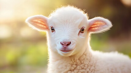Fototapeta premium Cute Baby Lamb with Fluffy Wool in Lit Green Pasture Background