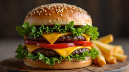 Appetizing Double Cheeseburger with French Fries