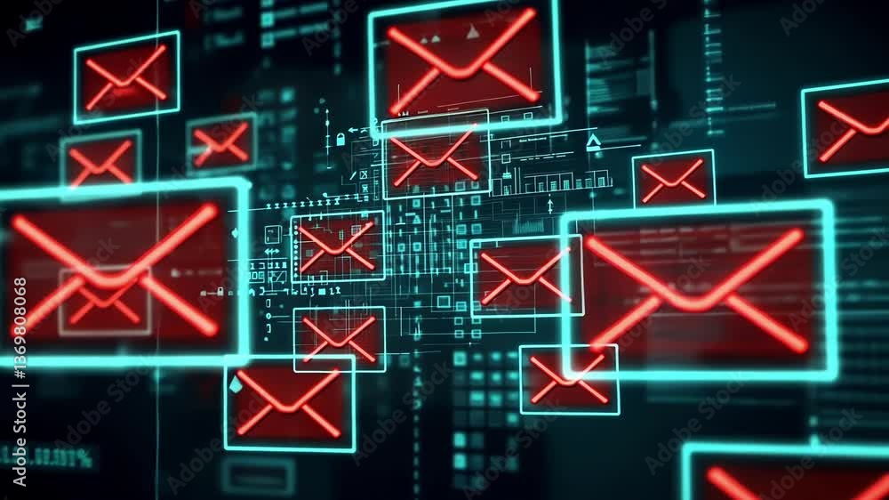 Poster glowing red email icons representing cyber security threats and phishing attempts on a dark digital 