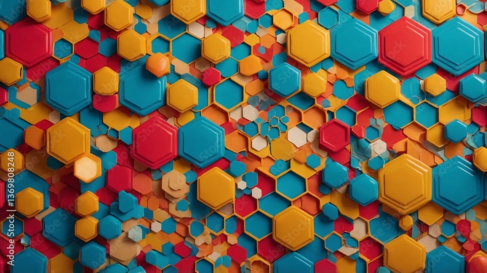 Poster a vibrant arrangement of hexagonal shapes in turquoise, yellow, and red creating a dynamic visual te