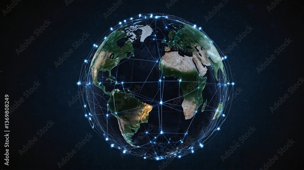 Poster a digital representation of earth connected by a network of glowing nodes and lines, symbolizing glo