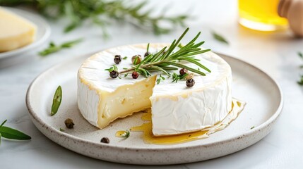Soft Brie Cheese Round with Herbs and Olive Oil on White Plate