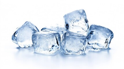 Obraz premium Transparent ice cubes stacked on white surface with crushed ice fragments.