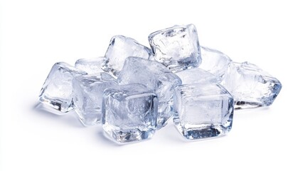 Fototapeta premium Transparent ice cubes stacked on white surface with crushed ice fragments.