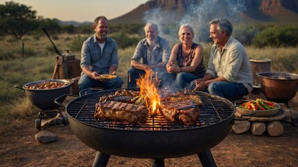 A diverse group enjoying a barbecue feast, surrounded by nature with a crackling fire and sizzling steaks.