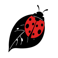 Obraz premium Ladybug on Leaf: A stylized illustration showcases a vibrant red ladybug, its iconic spots boldly displayed against the stark backdrop of a dark leaf.