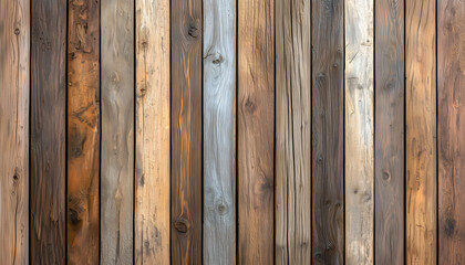 Fototapeta premium Wood Plank Texture: A close-up view showcases an arrangement of vertical wooden planks with varied tones and textures, offering a rich display of natural beauty and design.
