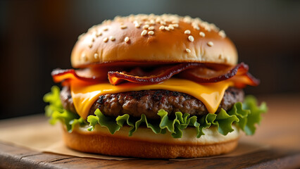 Delicious Bacon Cheeseburger on Wooden Surface