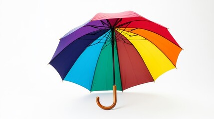 Colorful rainbow umbrella with wooden handle opened on white background.