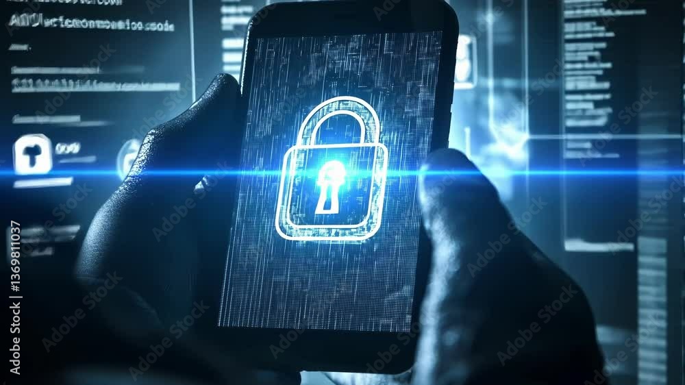 Poster a closeup view shows a smartphones screen displaying an intricate locked padlock graphic while a gho