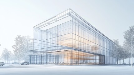 Obraz premium Modern architectural design of a transparent building with surrounding trees and vehicles