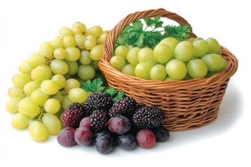 A Bountiful Harvest of Fresh Green and Purple Grapes in a Wicker Basket