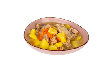 A bowl of food with meat and vegetables. The bowl is pink and has a white background. The food is a mix of meat and vegetables, including carrots and potatoes