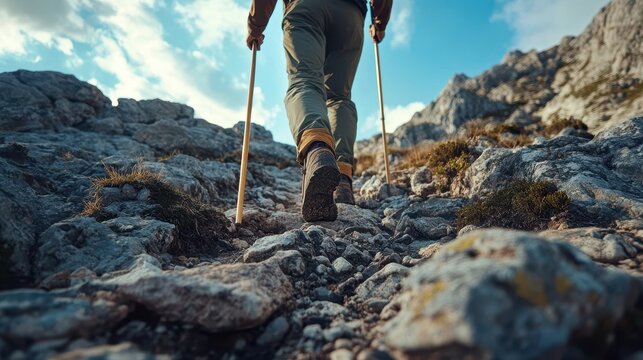 Person hiking up a rocky mountain path with walking poles - Powered by Adobe