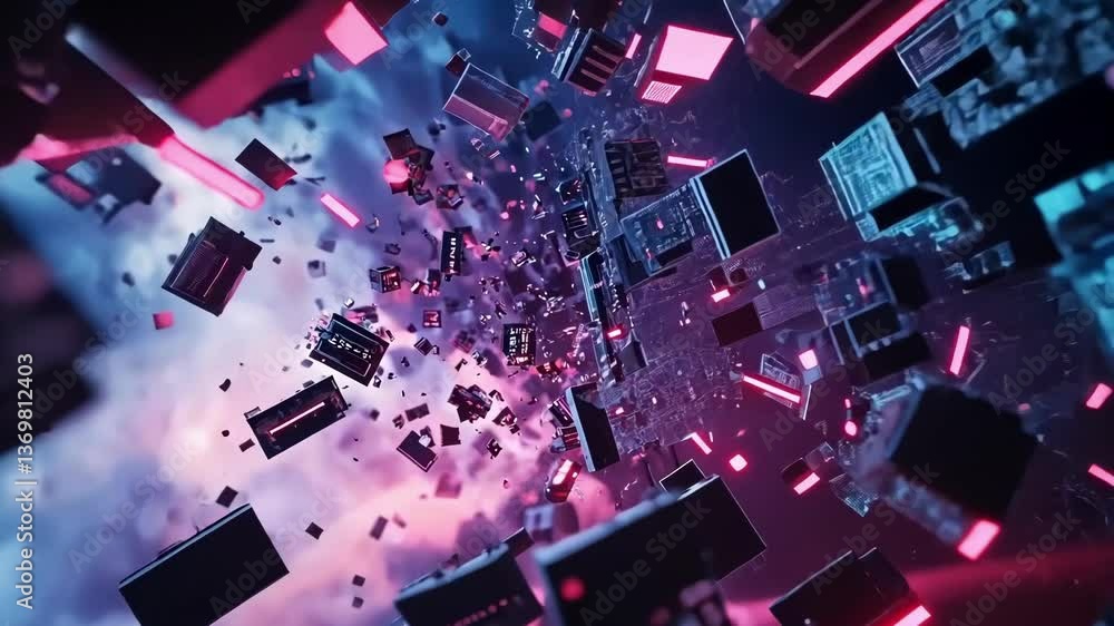 Aufkleber floating data blocks with binary code in a chaotic digital environment represent cyber security thre